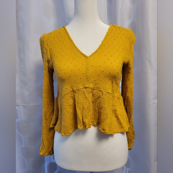 Sadie & Sage Womens Crop Blouse Small Mustard Yellow Swiss Dot Ruffle Hem - Picture 1 of 10